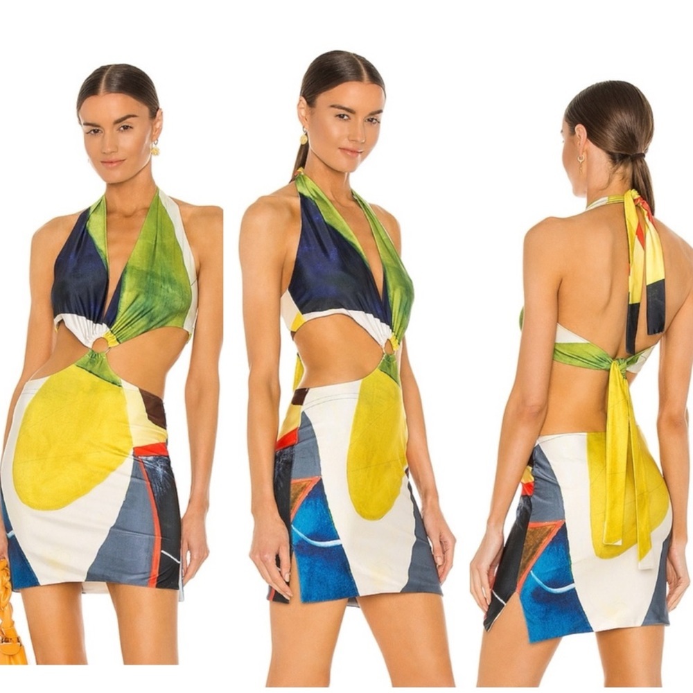 Farai London Multicolor Cutout Halter Mini Dress - Yellow, Green, Blue